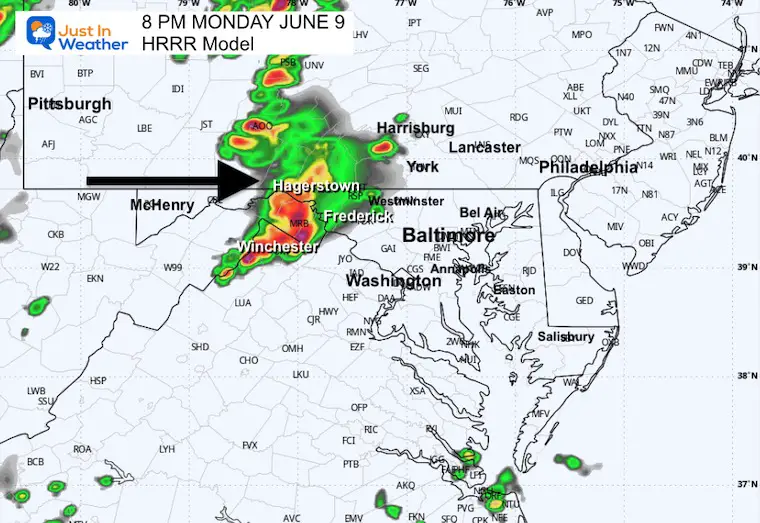 June 9 weather storm radar forecast Monday 8 PM
