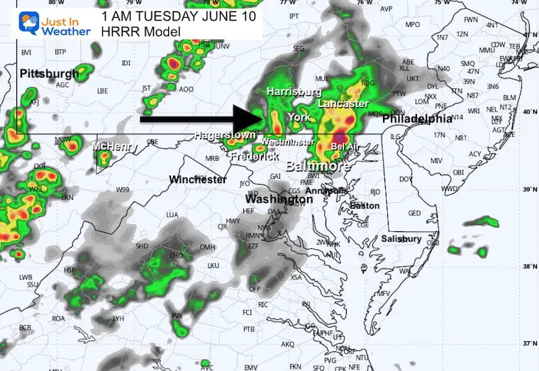 June 9 weather storm radar forecast Tuesday 1 AM