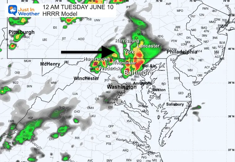 June 9 weather storm radar forecast Tuesday midnight