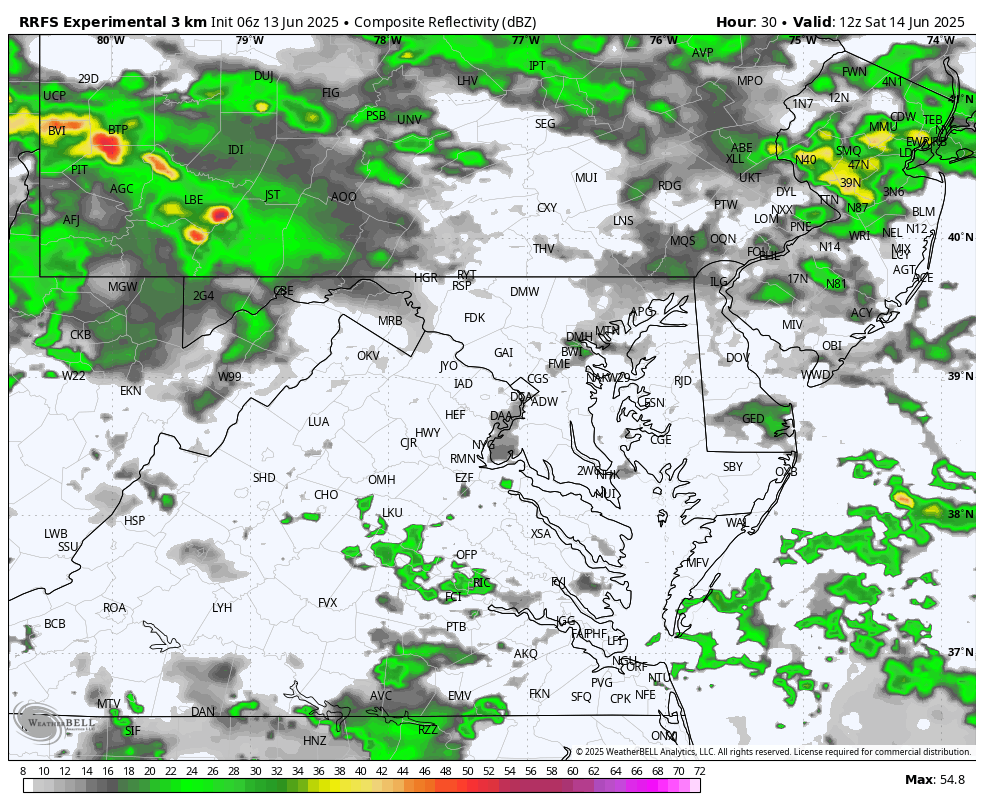 June 13 weather storm RRFS radar forecast Saturday