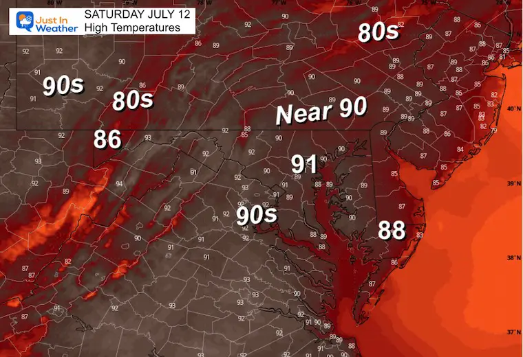 July 12 weather forecast temperatures Saturday afternoon