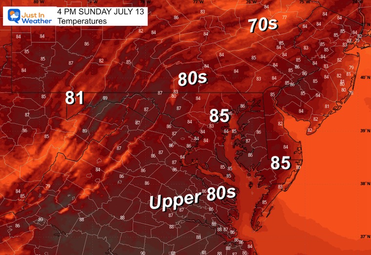 July 13 weather temperatures Sunday afternoon