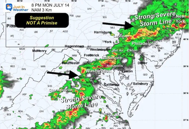 July 14 weather forecast storm radar Monday evening 8 PM