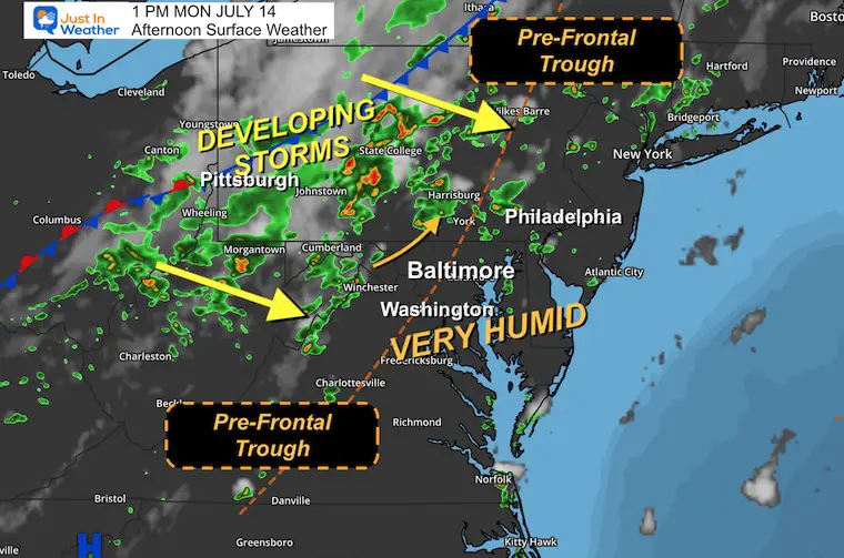 July 14 weather storm map Monday afternoon