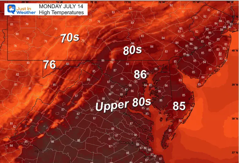 July 14 weather forecast temperatures Monday afternoon