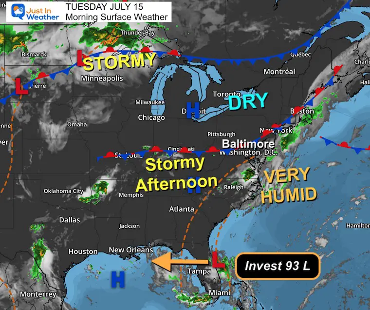 July 15 weather storm map Tuesday morning