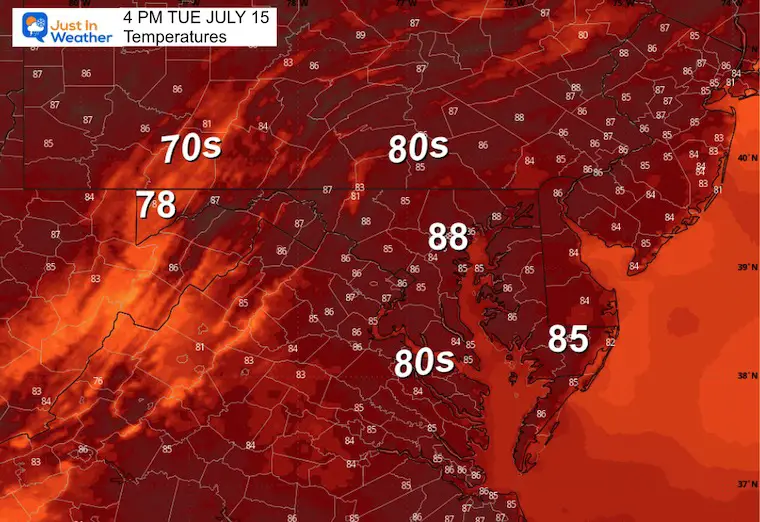 July 15 weather forecast temperature Tuesday afternoon