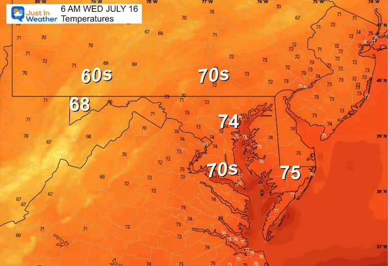 July 15 weather forecast temperature Wednesday morning