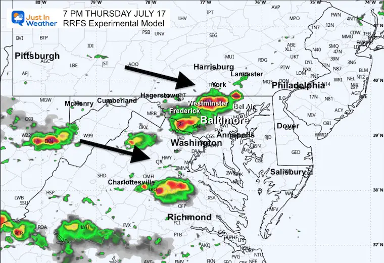 July 16 weather storm radar forecast Thursday evening 7 PM