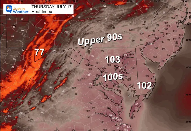 July 16 weather heat index Thursday afternoon
