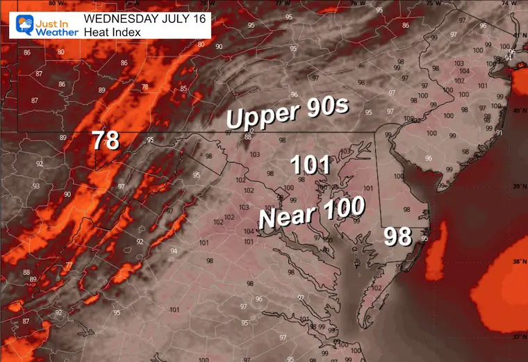 July 16 weather heat index Wednesday afternoon