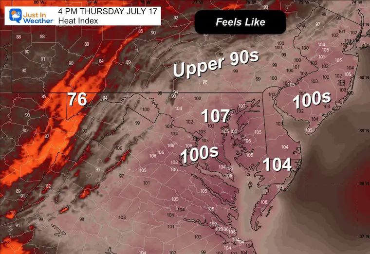 July 17 weather heat index Thursday afternoon