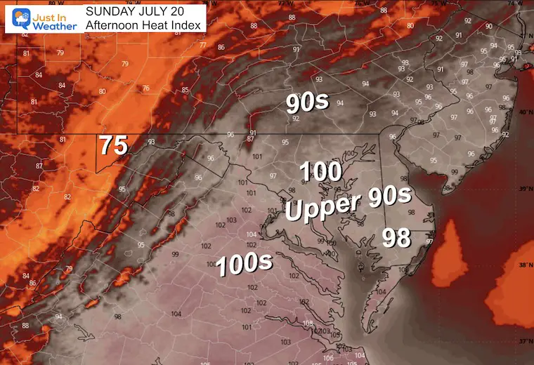 July 19 weather heat index Sunday afternoon