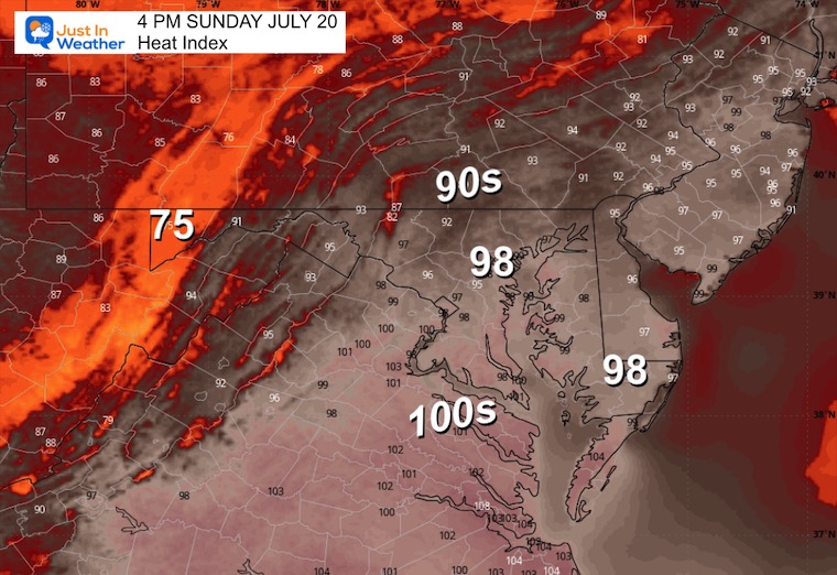 July 20 weather heat index Sunday afternoon