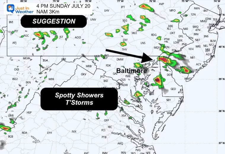 July 20 weather storm radar forecast Sunday 4 PM