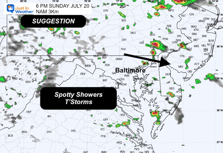 July 20 weather storm radar forecast Sunday 6 PM