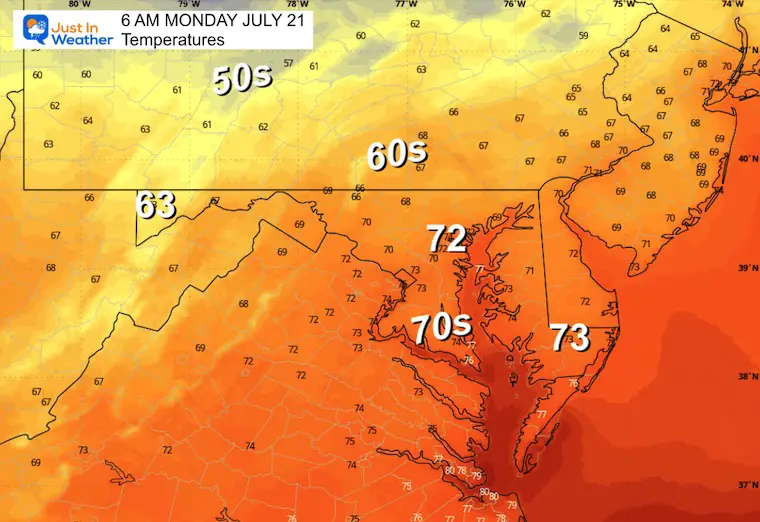 July 20 weather temperatures Monday morning 