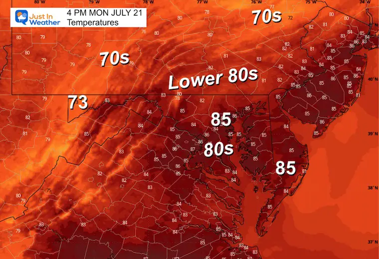 July 21 weather temperatures Monday afternoon