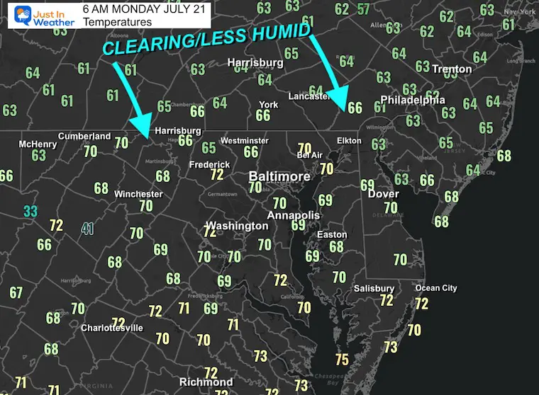 July 21 weather temperatures Monday morning