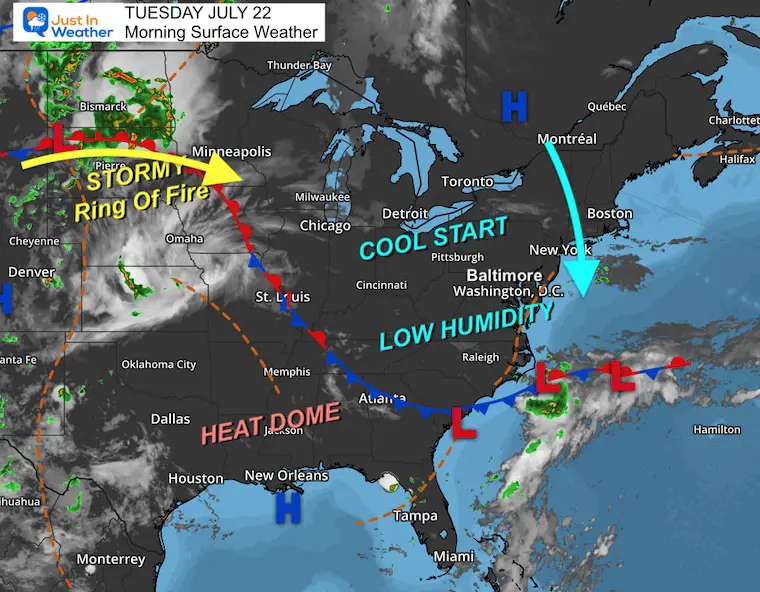 July 22 weather heat dome and storms Tuesday morning