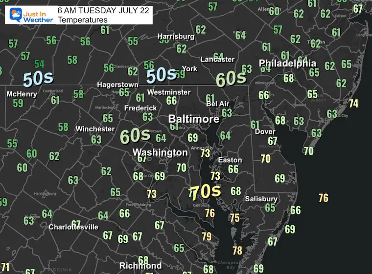 July 22 weather temperatures Tuesday morning