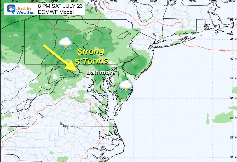 July 23 weather forecast Saturday storms