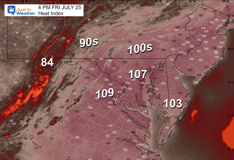 July 24 weather heat index Friday afternoon