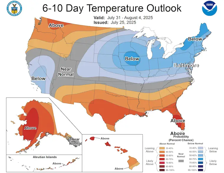 July 26 NOAA Temperature Outlook Days 6 to 10