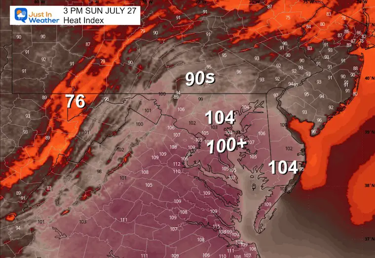 July 27 weather heat index Sunday afternoon