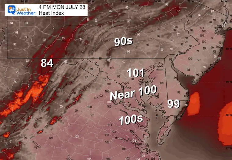 July 28 weather forecast heat index Monday afternoon