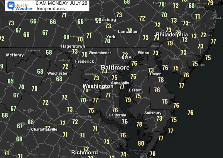 July 28 weather forecast temperatures Monday morning