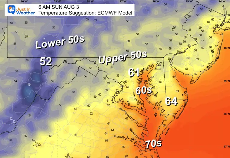 July 28 weather forecast temperatures Sunday morning