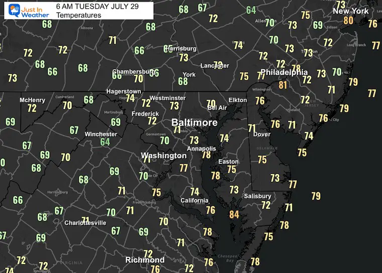July 29 weather temperatures Tuesday morning