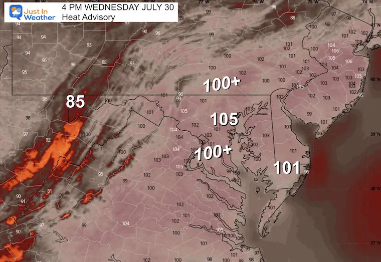 July 30 weather heat index Wednesday morning
