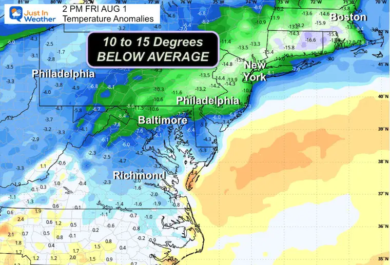 July 30 weather forecast temperature anomalies Friday