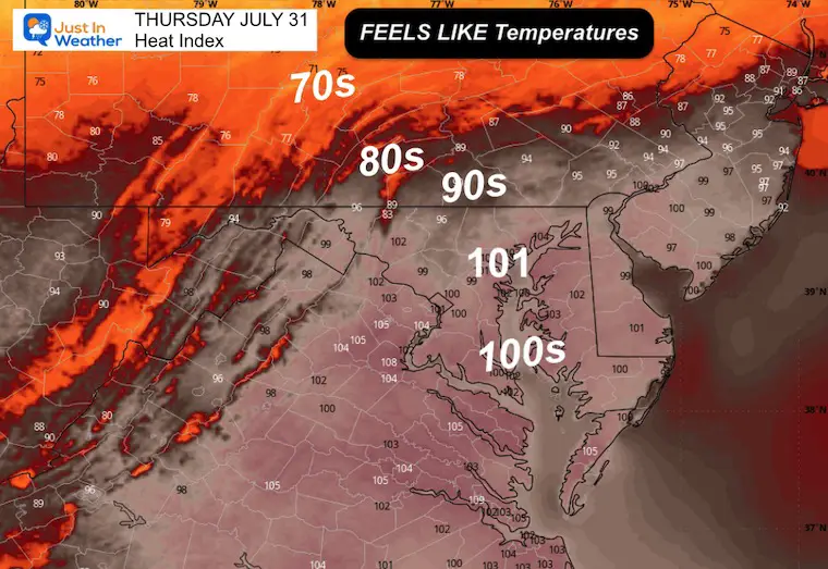 July 31 weather forecast heat index Thursday afternoon