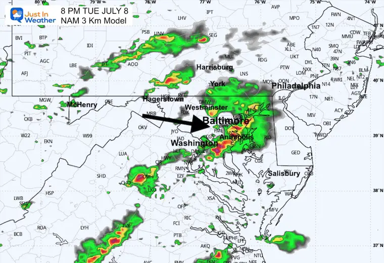 July 7 weather radar storm forecast Tuesday 8 PM