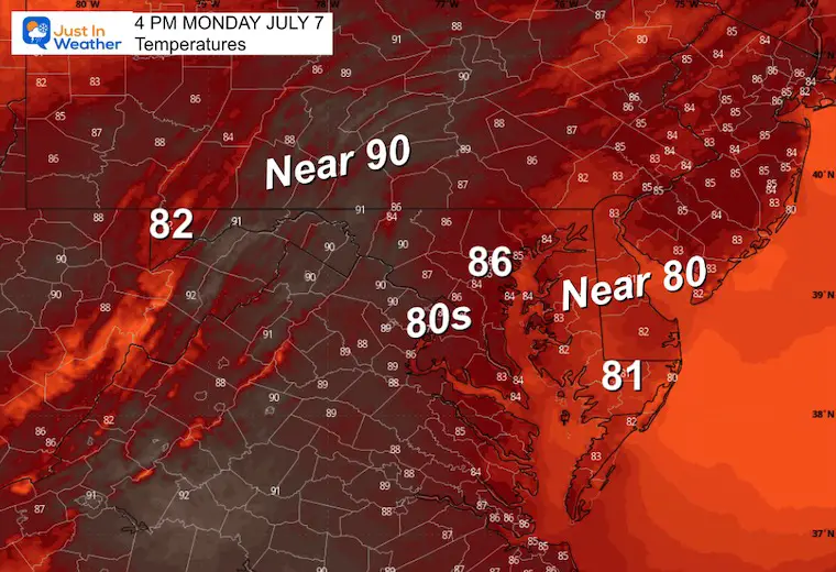 July 7 weather temperature forecast Monday afternoon