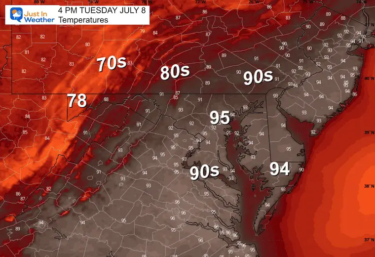 July 7 weather temperature forecast Tuesday afternoon