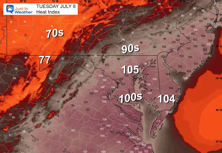 July 8 weather forecast heat index Tuesday afternoon
