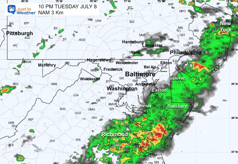 July 8 weather forecast storm radar Tuesday 10 PM