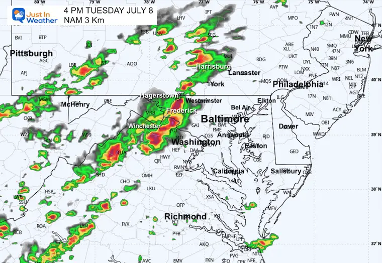 July 8 weather forecast storm radar Tuesday 2 PM