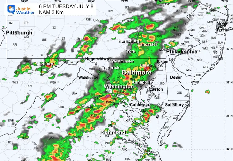 July 8 weather forecast storm radar Tuesday 6 PM