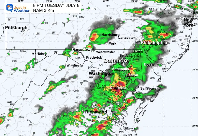July 8 weather forecast storm radar Tuesday 8 PM