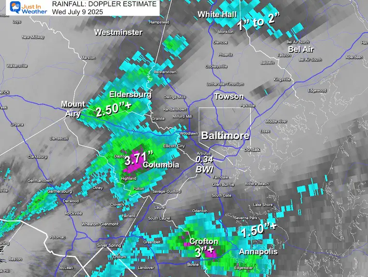 Storm rainfall total estimate July 9 Central Maryland Baltimore