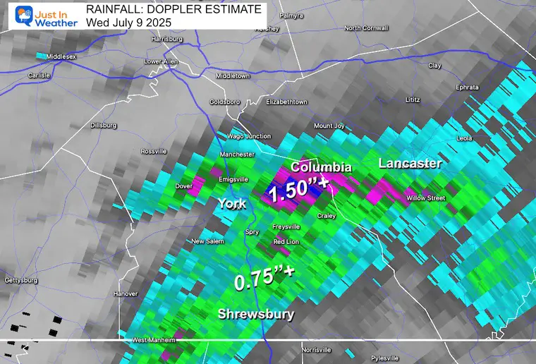 Storm rainfall total estimate July 9 Southern Pennsylvania