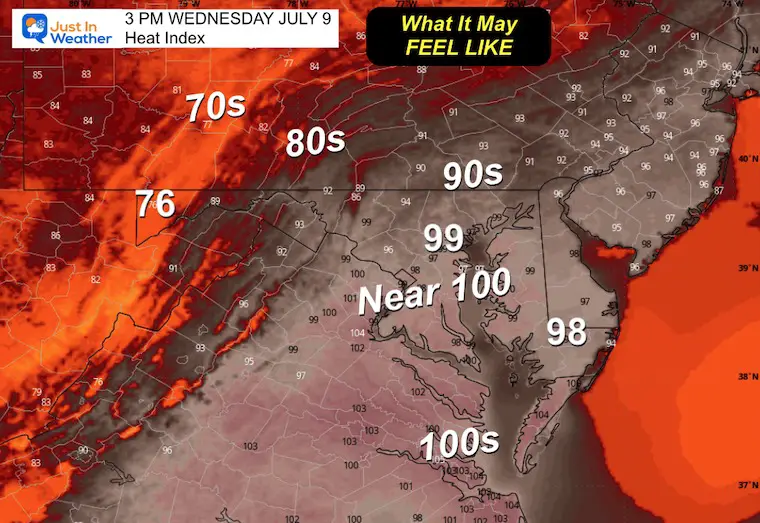 July 9 weather forecast heat index Wednesday afternoon