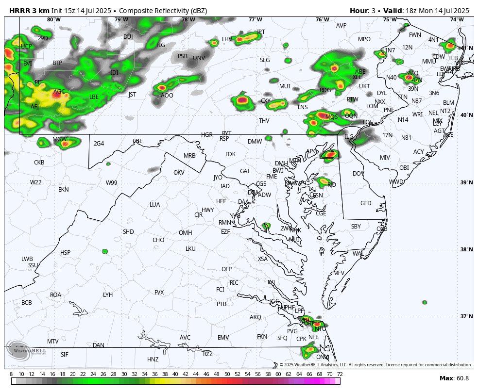 July 14 weather storm radar Monday afternoon and night