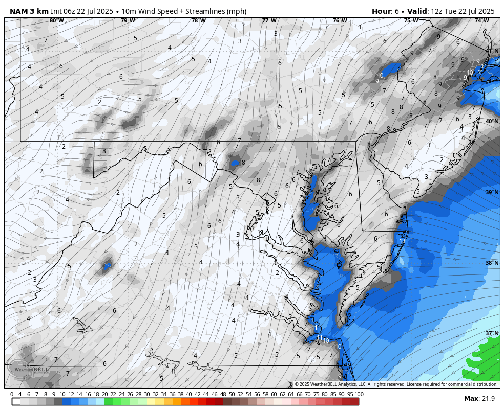 July 22 weather wind forecast Tuesday