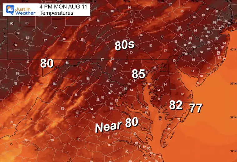 August 11 Weather temperatures Monday afternoon